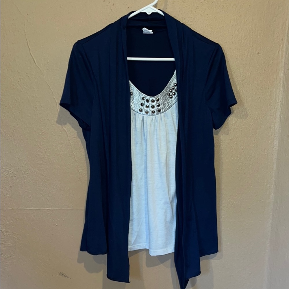 Perception Concept Navy Cardigan and light gray top 2 in 1